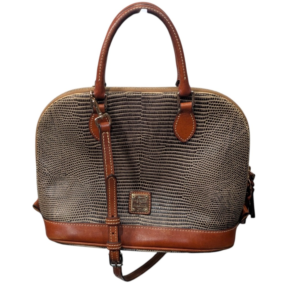 Dooney and Bourke Snake Skin Embossed Leather Satchel Dome Bag Grey Brown Strap